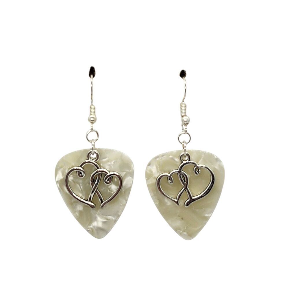 Double Heart Charm Guitar Pick Earrings - Choose Color - Handmade in USA